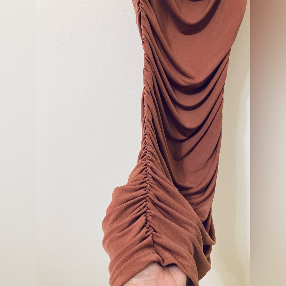 Wearever Terra Cotta Ruched Bodycon Dress Size S Draped Neck - Picture 8 of 9